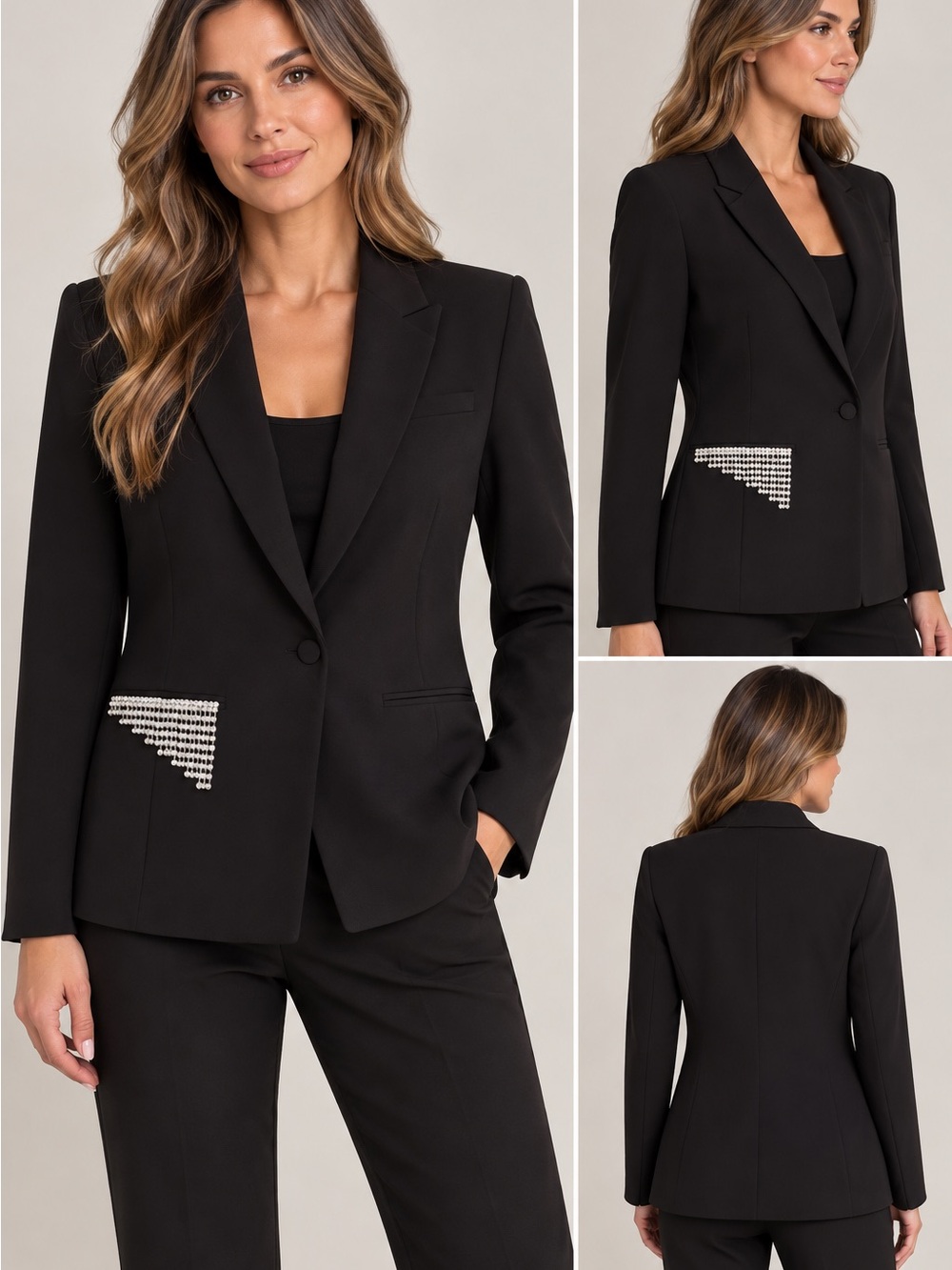 INC International Concepts Black Blazer with Crystal Pocket Accent